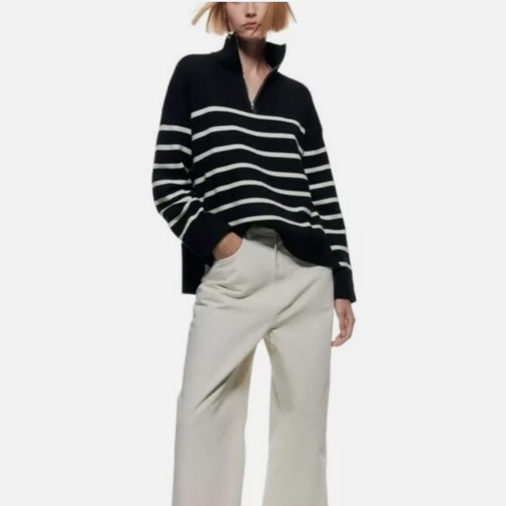 Zara | Black and White Cowl Neck Striped Sweater